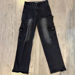 Celebrity‎ Ace Jeans Women's Sz 5/27 Black/Gray Acid Wash Cargo Zip Pockets